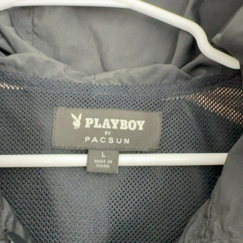 Playboy x PacSun Windbreaker Jacket Mens L Black Nylon Side Stripe Streetwear - Picture 6 of 10